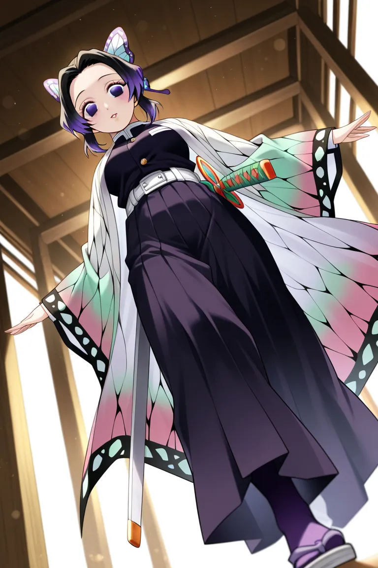 (((shinobu kochou from Kimetsu No Yaiba anime series, animal print, black hair, butterfly hair ornament, butterfly print, forehead, gradient hair, haori, Shinobu Kocho's real slender body, His sword was sheathed at his waist))), perfect full body in POV below angle shot, walking pose, a beautiful daytime backdrop full of light shimmering from the hollows of the tree leaves, Vivid details, dynamic hairstyle, dynamic features of the girl, 2:3 portrait ratio
