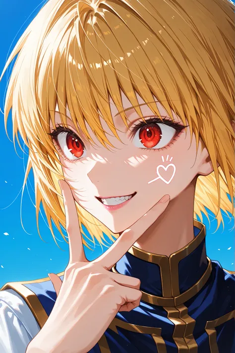 ((8k Quality))masterpiece, Top quality, Amazing Quality, very beautiful, absard dress, Newest, Scenery,Highly detailed,high definition,close-up portrait, male:1.5,1人の maleの子.((Hunter's Krapika,hxh,))Blonde,bob hair,red eyes、Shiny texture,pink lips,wearing ...