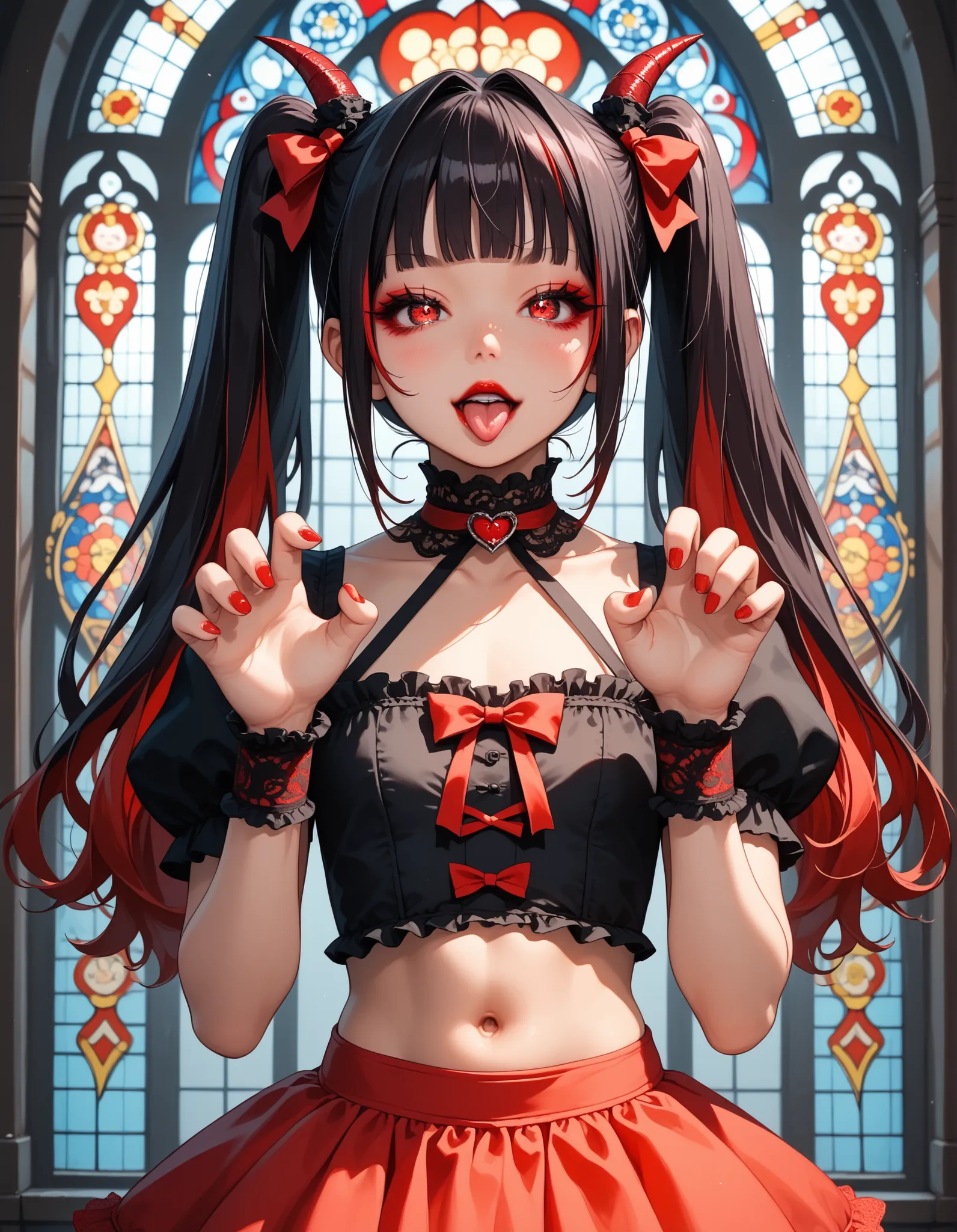 Score_9, score_8_up, score_7_up, score_6_up, source_anime, rating:general, 1girl, long black hair with vivid red streaks, red hair highlights, red highlights throughout hair, extremely long twintails, messy twintails, blunt bangs, red eyes, Sanpaku eyes, p...