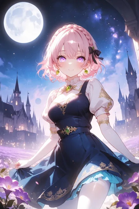 1 girl, violet eyes, light pink hair, short hair, cool, beautiful, medium breast, very cute, lovely, kawaii, solo, close up, night, castle, flowers, moon, starry night, innocent expression, soft lighting, subtle shadows, youthful appearance, glowing lighti...
