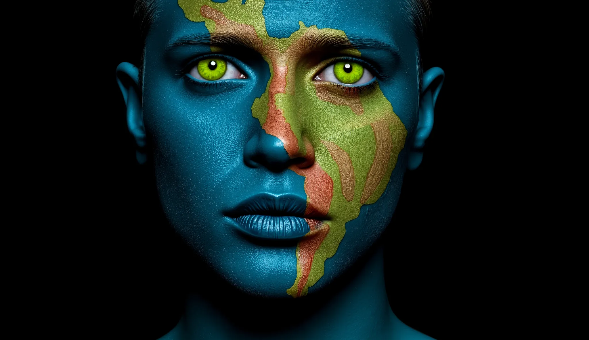A highly realistic close-up portrait of a person's face painted with a detailed map of Latin America. The background is dark to highlight the face, and the skin is painted in deep blue tones, with the map of Central and South America vividly rendered in ea...