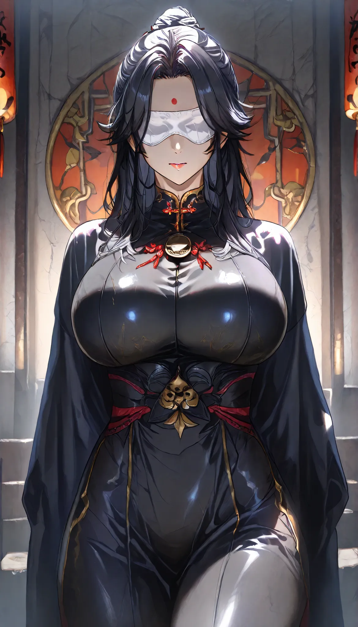 SOLO, A Female,Mature flavor,Serious,expressionless,Perfect body,Huge Oppai,Chinese Black long hair,(White blindfold),Wearing A Black Chinese Taoist Robe,black bodysuit, In the Chinese classical Garden,Open Pose,Arms behind back,UHD, anatomically correct, ...