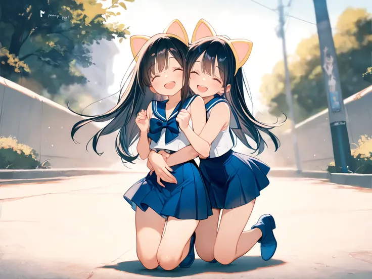 masterpiece, Best Quality, very aesthetic, 2girls, happy, Outdoors, Cuddle From Behind, Sailor Suit, Skirt, Jumping、((((masterpiece)))), high quality, very_high_resolution, large_filesize, full color,full body,Japanese、black hair, long hair, ponytai、