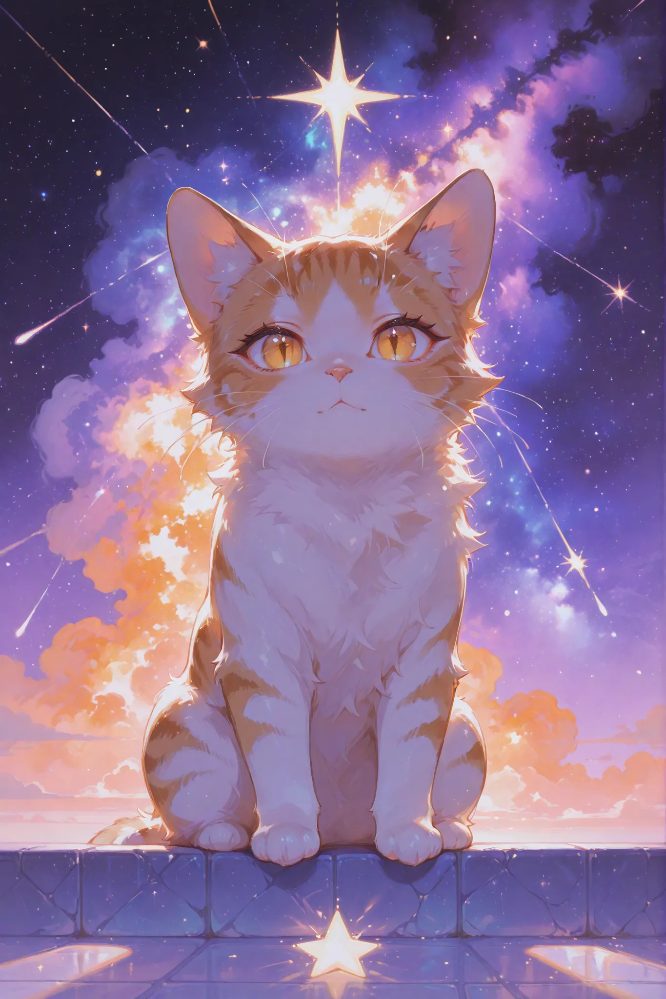 masterpiece, Top quality, Amazing Quality, minis majestic cat, similar to a nebula, is staring quietly from inside a cosmic tapestry。. fur, similar to a nebula, has a deep blue color and、, blend seamlessly into the surrounding expanse of the sky。, bright s...