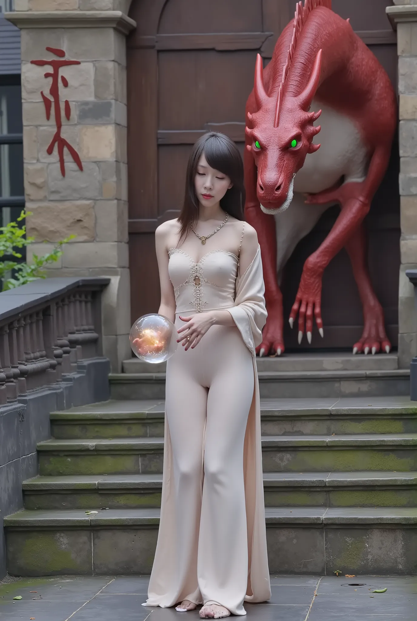 The woman is playing with the magic ball , and the red dragon is watching with interest , high fantasy dungeon , high fantasy