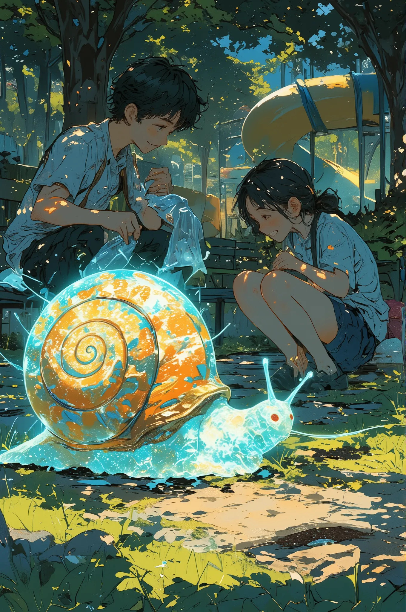 a realistic boy and girl crouched in an ordinary park, fascinated by a glowing magical snail with a translucent spiral shell filled with cosmic light and arcane runes, the boy holds open a crinkled clear plastic bag, while the girl reaches toward the snail...