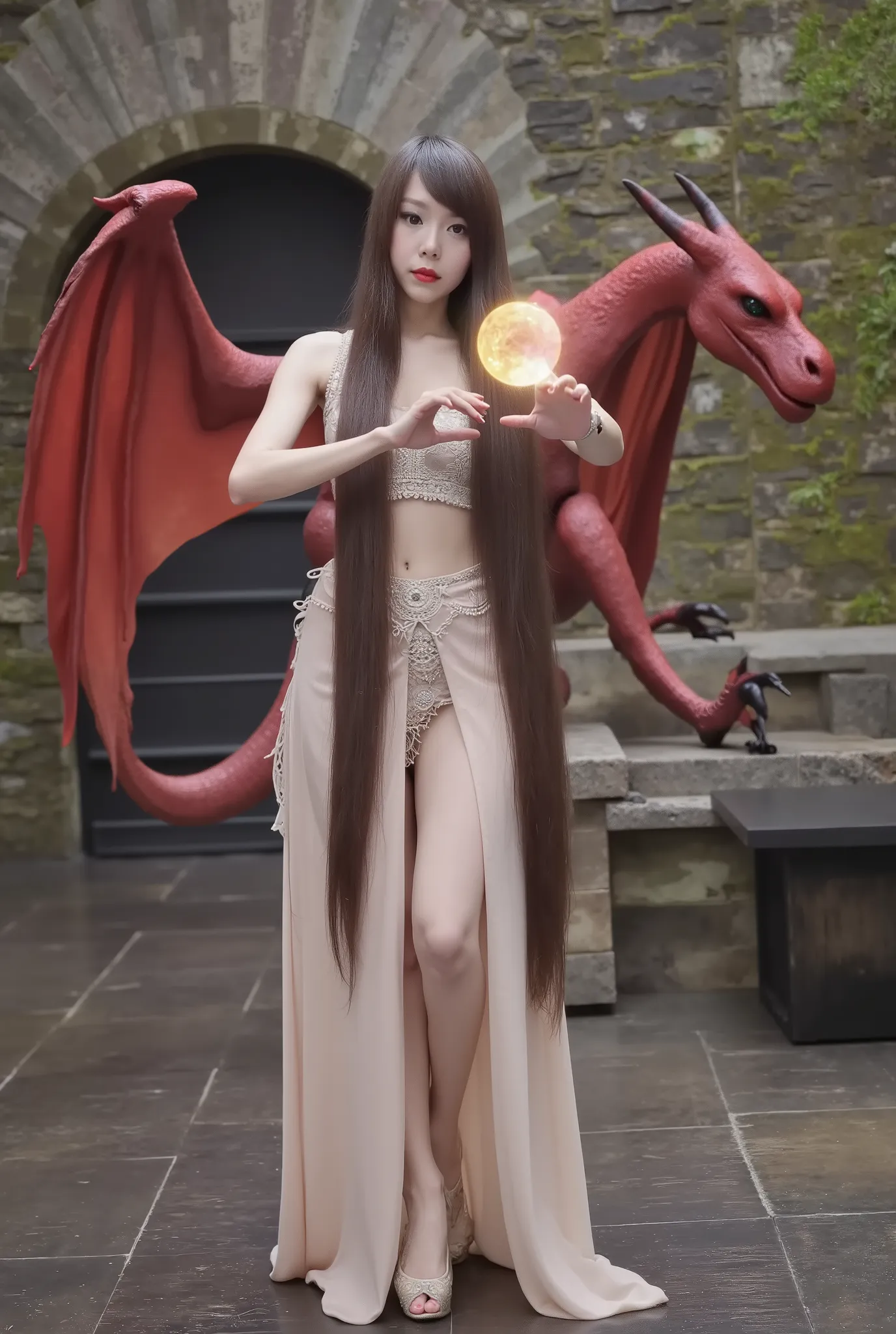 The woman is playing with the magic ball , and the red dragon is watching with interest , high fantasy dungeon , high fantasy