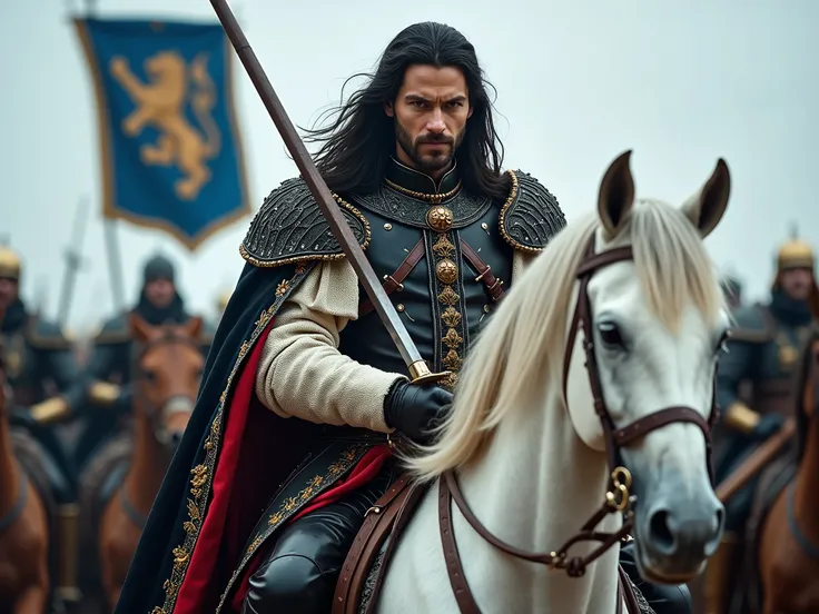 young male warrior、long black hair、Black royal costume with gold embroidery、White coat with red backing、Longsword carried on the back、riding a white horse、middle ages、An allied army in the back、Lion's Crest on the Blue Flag