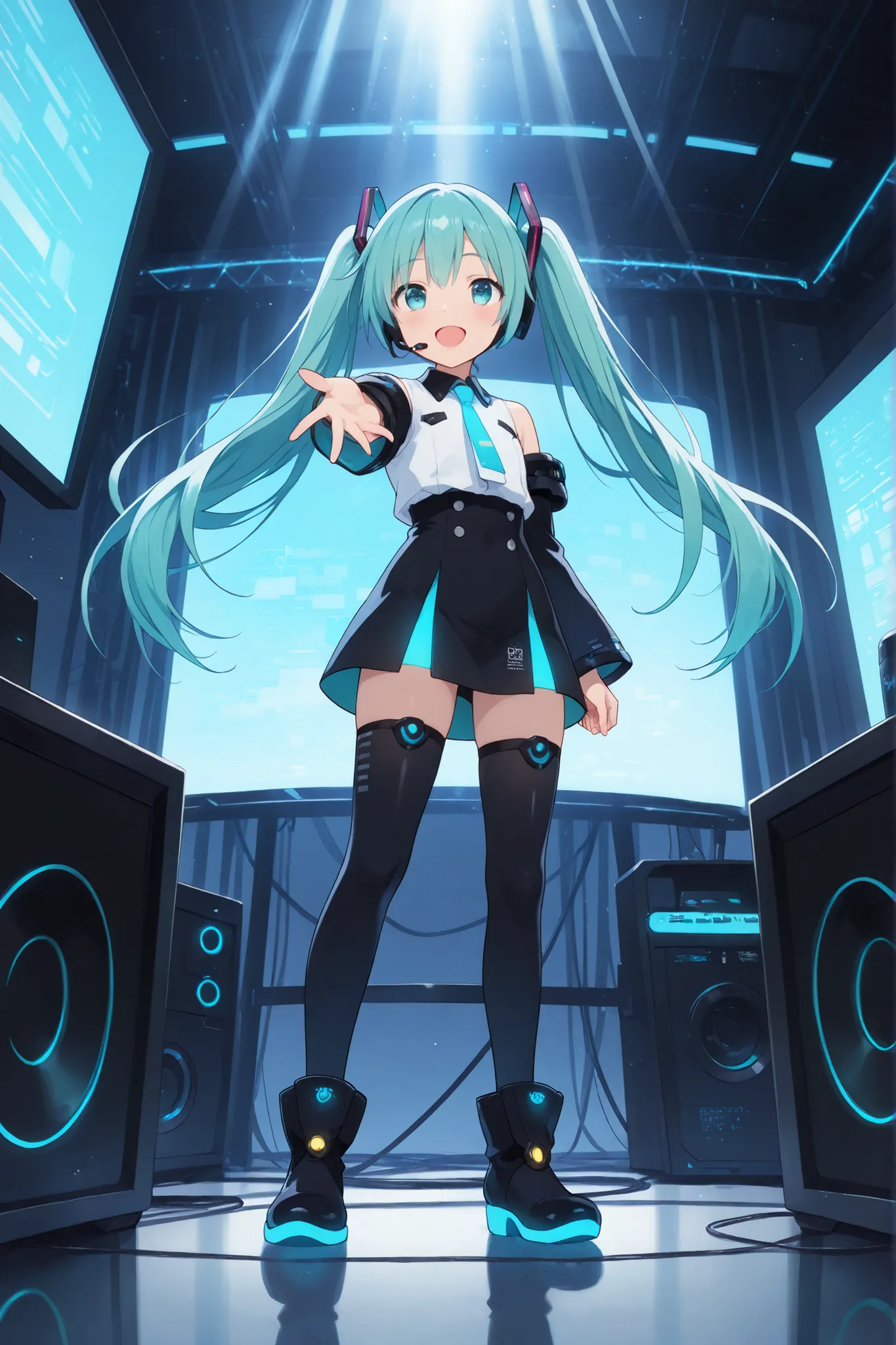 masterpiece, best quality, anime girl with turquoise twin-tails, wearing futuristic singer outfit and headset, standing in a virtual studio with holographic mic and glowing musical waveforms; in the foreground, a hand holding a smartphone showing the girl ...