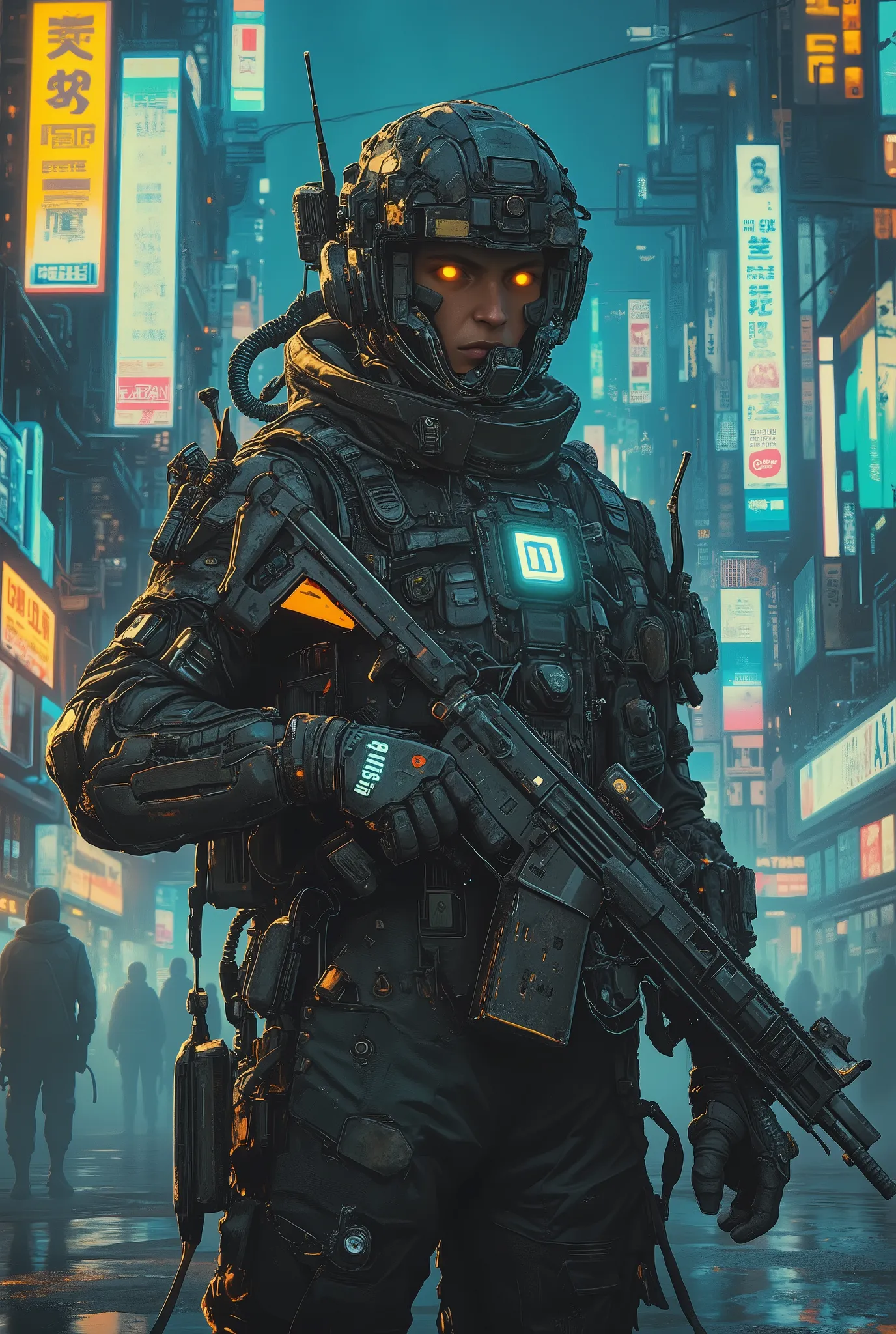 military soldier cyberpunk cyberwere assault rifle 1 man, high quality, cinematic, hyper-detailed, dramatic lighting, moody atmosphere, weathered and worn textures, neon cyberpunk city background, glowing holographic displays, advanced tactical gear, gripp...