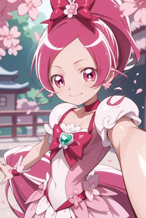 heart catch Pretty Cure、cute、cure blossom、Cherry blossom dancing background 、 Slim、Small Breasts、Shiny on the skin、Fun、cuteポーズ、selfie、