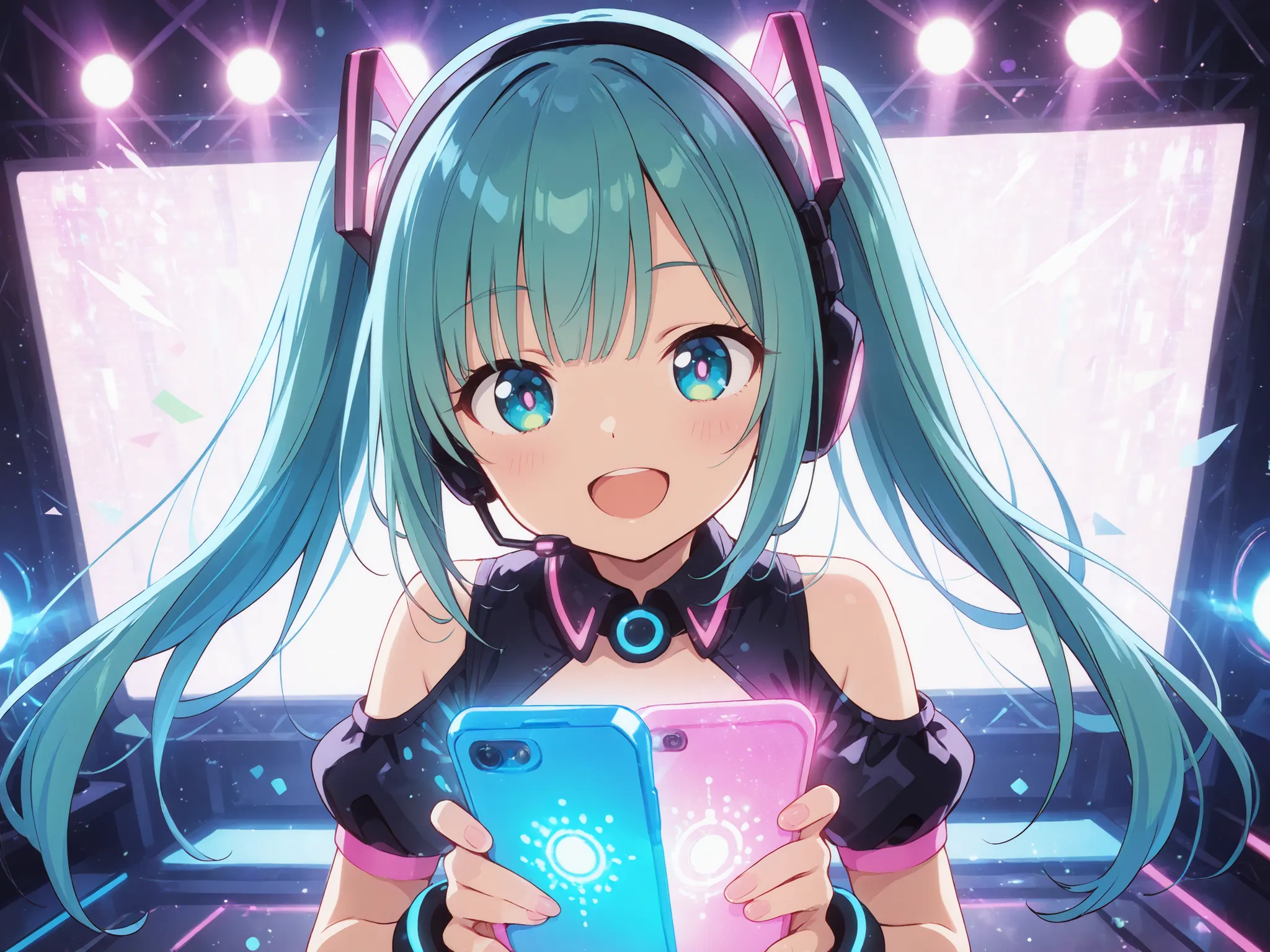 masterpiece, best quality, futuristic pop singer girl in twin-tails and headset, wearing a cosplay-inspired outfit, performing in front of a glowing mic, surrounded by floating sound waves and digital screens; in another layer, a smartphone held by a hand ...
