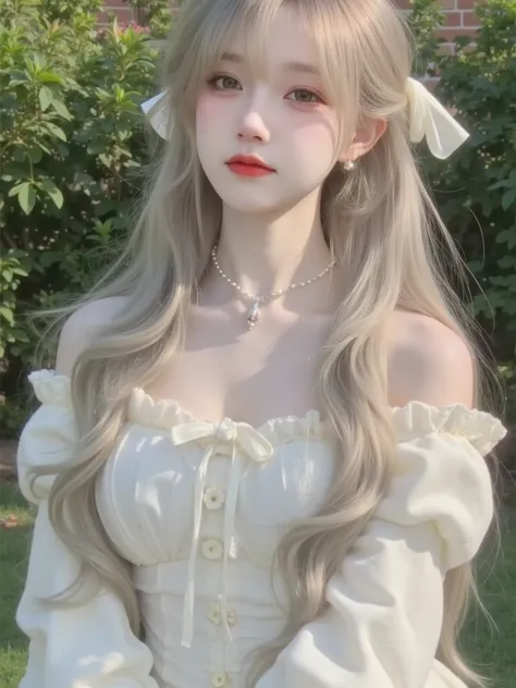1 Girl, Beautiful, Baby Face, 20 Years Old, milky White Skin, Huge Chests, Colossal gigantic Breasts, chubby girl, Pose, Cleavage, Perfect ta Dress, White Eye, Muscles:1.3, Outdoor, Bokeh:1.1, Drill Hair, Tied Hair, ((White Gradient Blonde Hair))