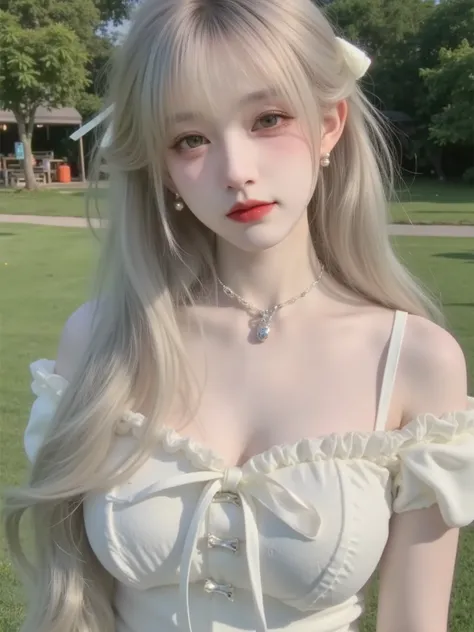 1 Girl, Beautiful, Baby Face, 20 Years Old, milky White Skin, Huge Chests, Colossal gigantic Breasts, chubby girl, Pose, Cleavage, Perfect ta Dress, White Eye, Muscles:1.3, Outdoor, Bokeh:1.1, Drill Hair, Tied Hair, ((White Gradient Blonde Hair))