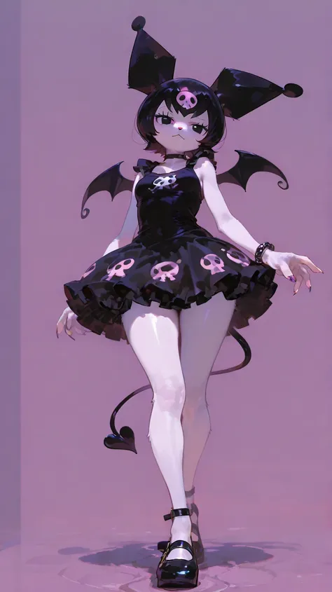 kuromi, furry, cat, demon tail, small medium , short, , hips, shoes, wambu, one girl, black one piece dress,
