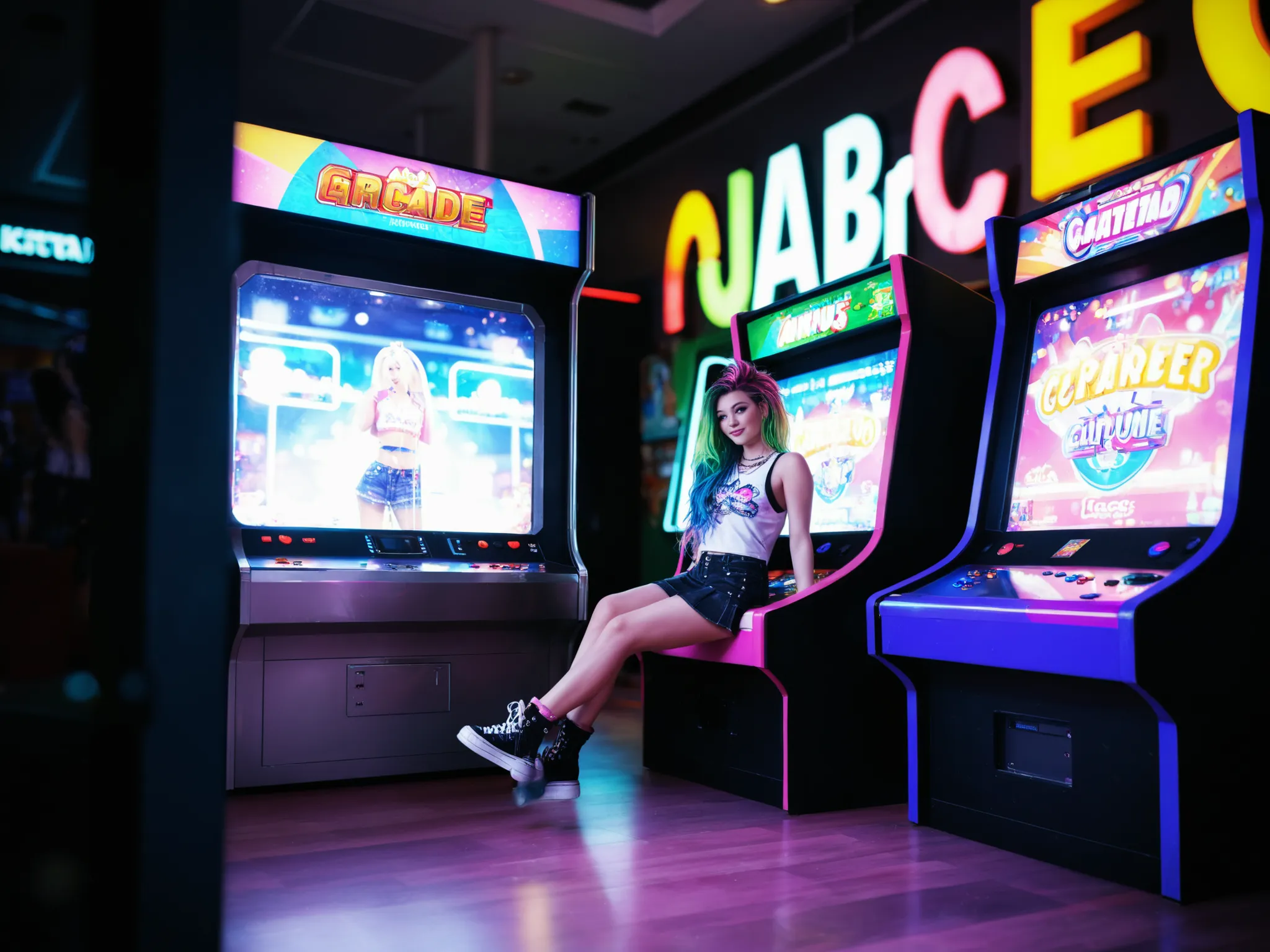 ,mansuji_ningen, She's at an arcade, spread, huge, cartoon, NSFW, cute art,olhos azuis, punk/non-punk style, short/long hair, multi-colored/gradient hair color, girl, solo focus, masterpiece, perfect details, The background is an arcade. A hyper-realistic...