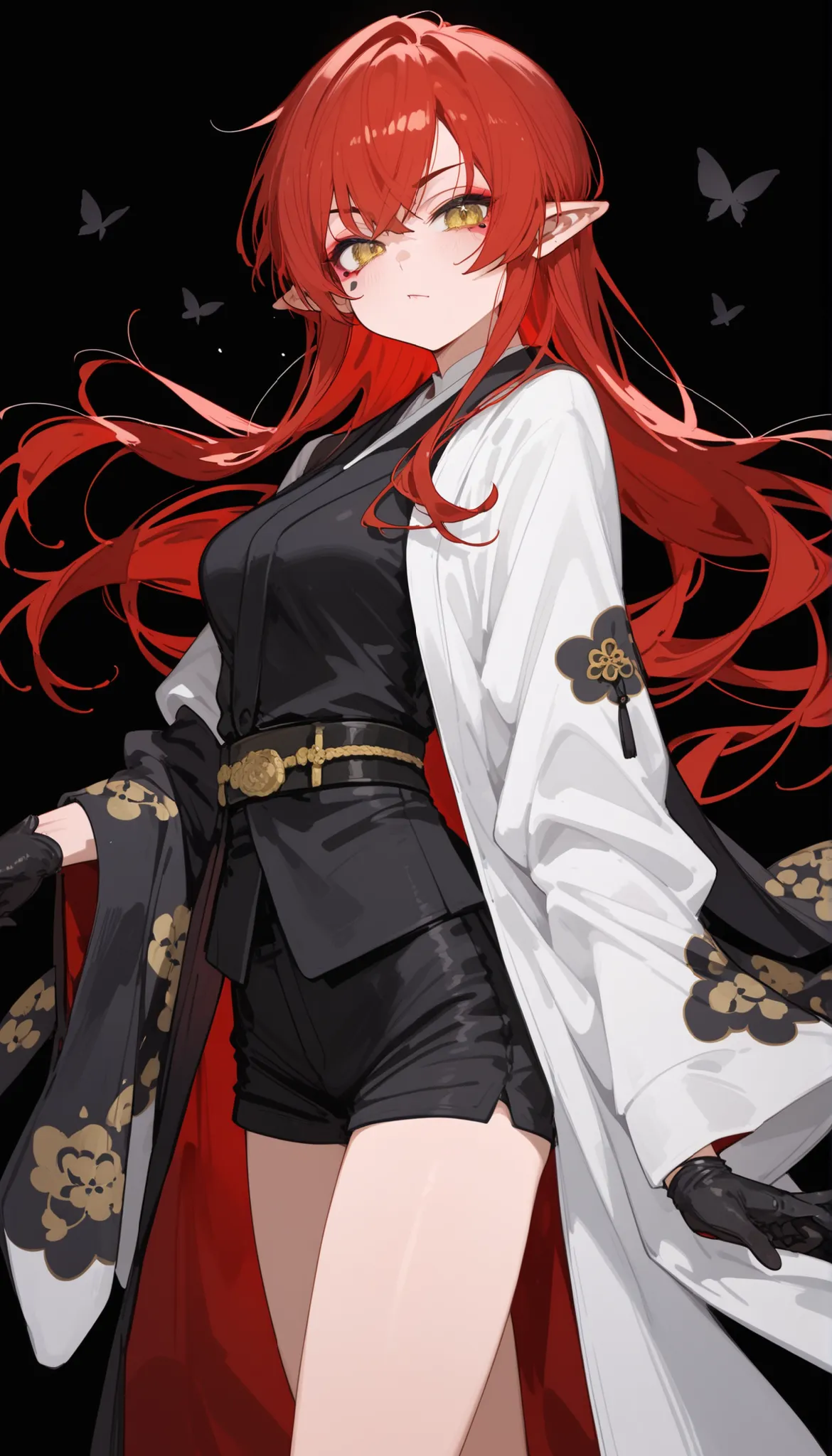 ,red hair,in yellow eyes,cute,Milf,,tomboy,Pointed ears,Fierce face,Long Sleeve Black Vest,standing up,black background, pattern,shorts,mafia,long hair,Black suit,slim,Shawl kimono,with black gloves, Kabuki costume,Long Sleeve,Kabuki Makeup,Leg area,white ...