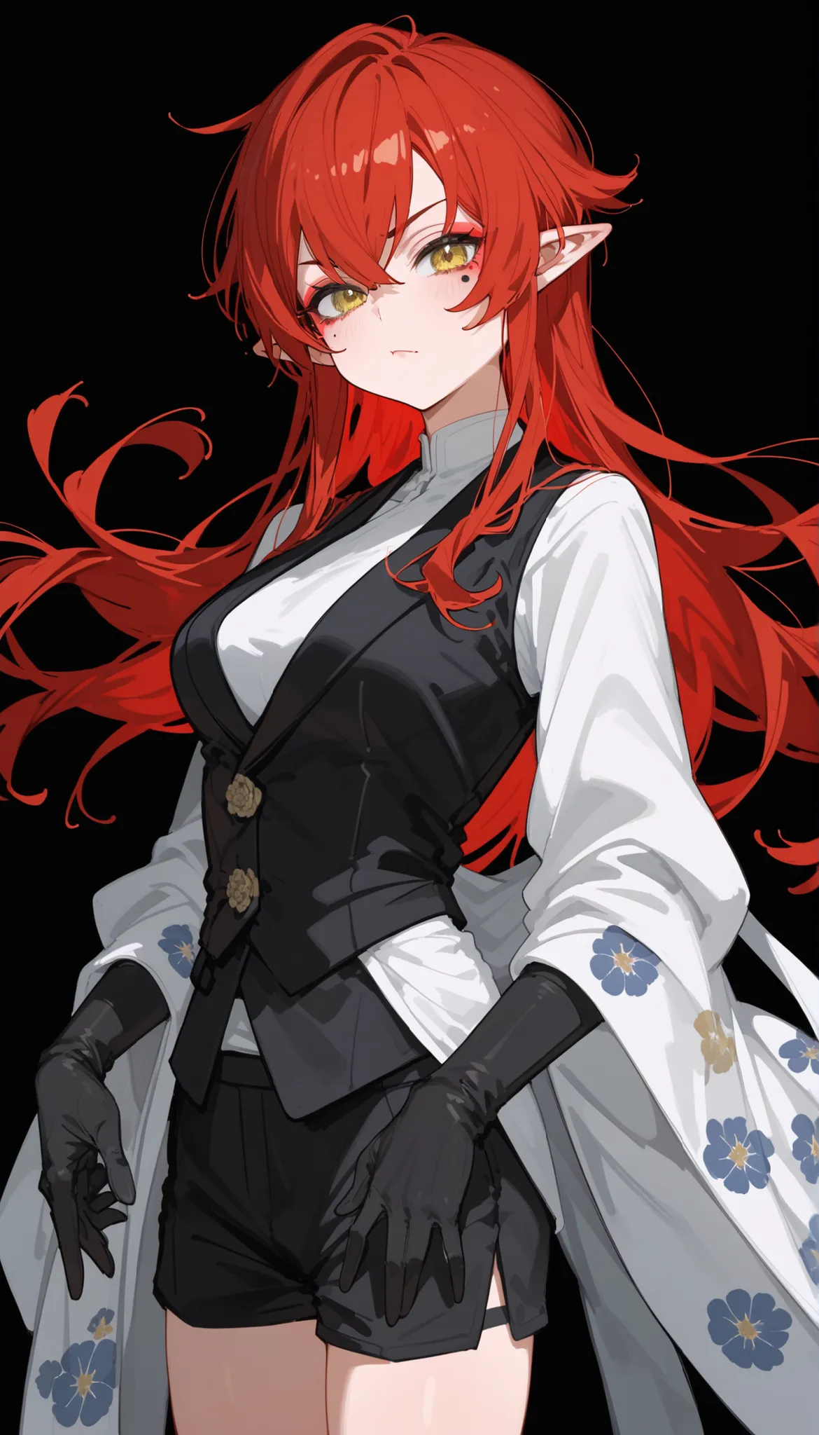 ,red hair,in yellow eyes,cute,Milf,,tomboy,Pointed ears,Fierce face,Long Sleeve Black Vest,standing up,black background, pattern,shorts,mafia,long hair,Black suit,slim,Shawl kimono,with black gloves, Kabuki costume,Long Sleeve,Kabuki Makeup,Leg area,white ...