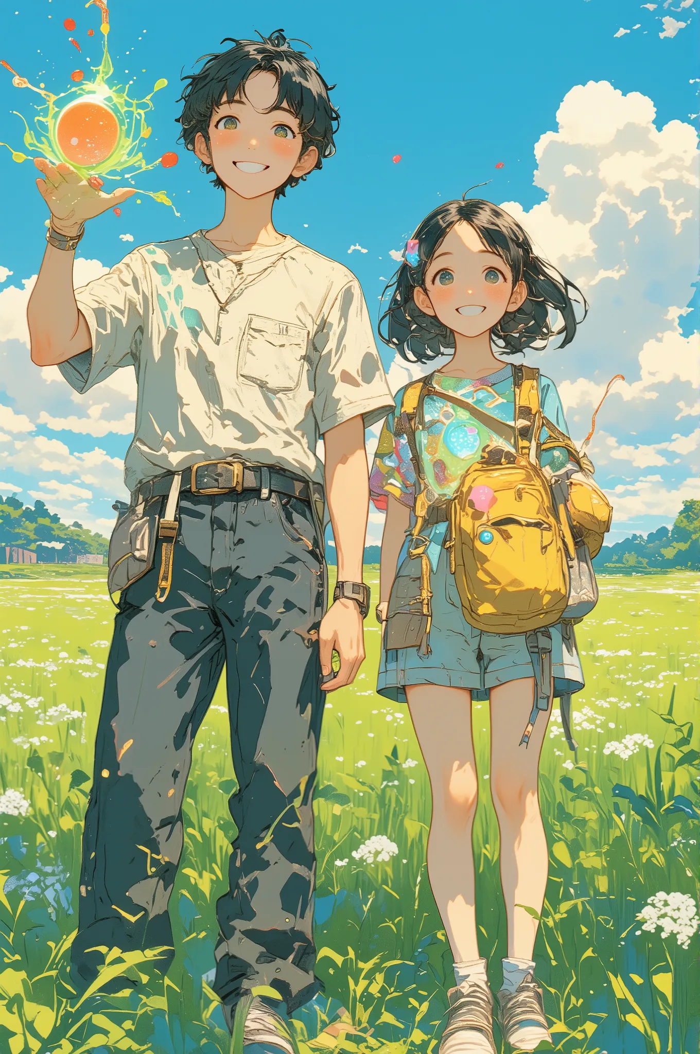 bust-up portrait of a smiling boy and girl standing side by side in a peaceful grassy field, each holding a bizarre magical object, both wear casual summer clothes and show cheerful, innocent expressions, the magical items glow or float slightly, casting s...