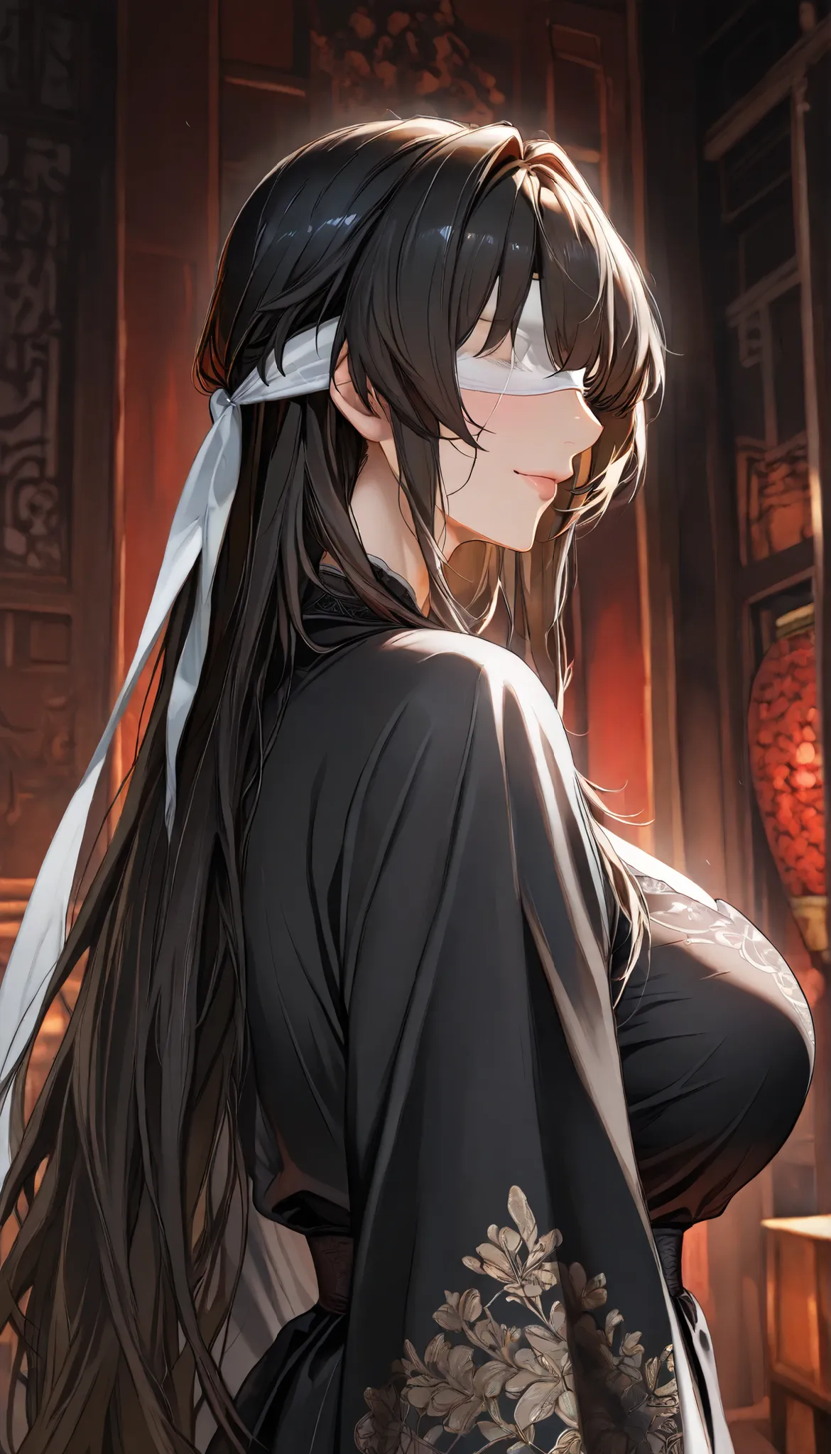 SOLO, A Female,Mature flavor,Serious, Perfect body,Huge Oppai,Chinese Black long hair,(White blindfold),, Wearing A Black Chinese Robe(Hanfu type), In the Chinese classical Garden,Open Pose,Light smile,UHD, anatomically correct, masterpiece, textured skin,...