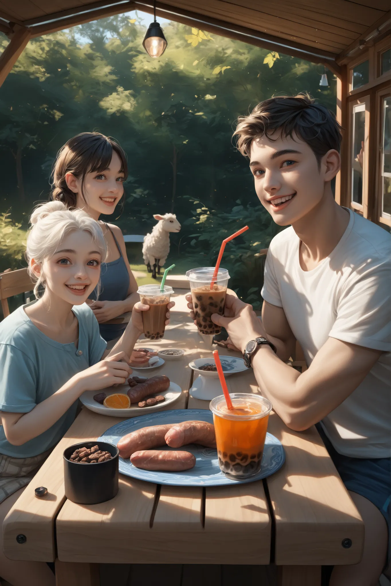 High quality, high resolution, carefully detailed paintings, photorealistic, clean-looking lighting,
Camping table, lamb chops, sausages on skewers,
A happy table, beautiful men and women, ((iced tea))