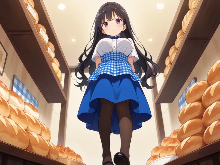 wave long black hair,master piece,best quality,ultra detailed,highres,panties,Diagonally backwards、full body,from below,standing,little girs,、wavy hair,Japanese woman with long black hair,Big Breasts,anime girl dressed in a Kobeya、Kobeya waitress uniform、b...