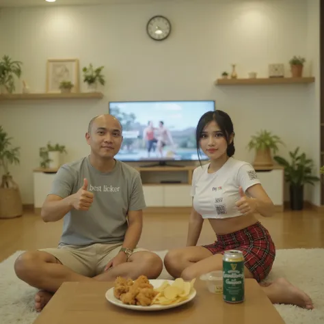 An Indonesian couple is sitting casually on a soft cream floor rug in a cozy minimalist living room. The Indonesian man, who has a slightly build—around 78 kg—with thinning hair that’s almost bald, is wearing a gray T-shirt with the words “Best Licker” and...