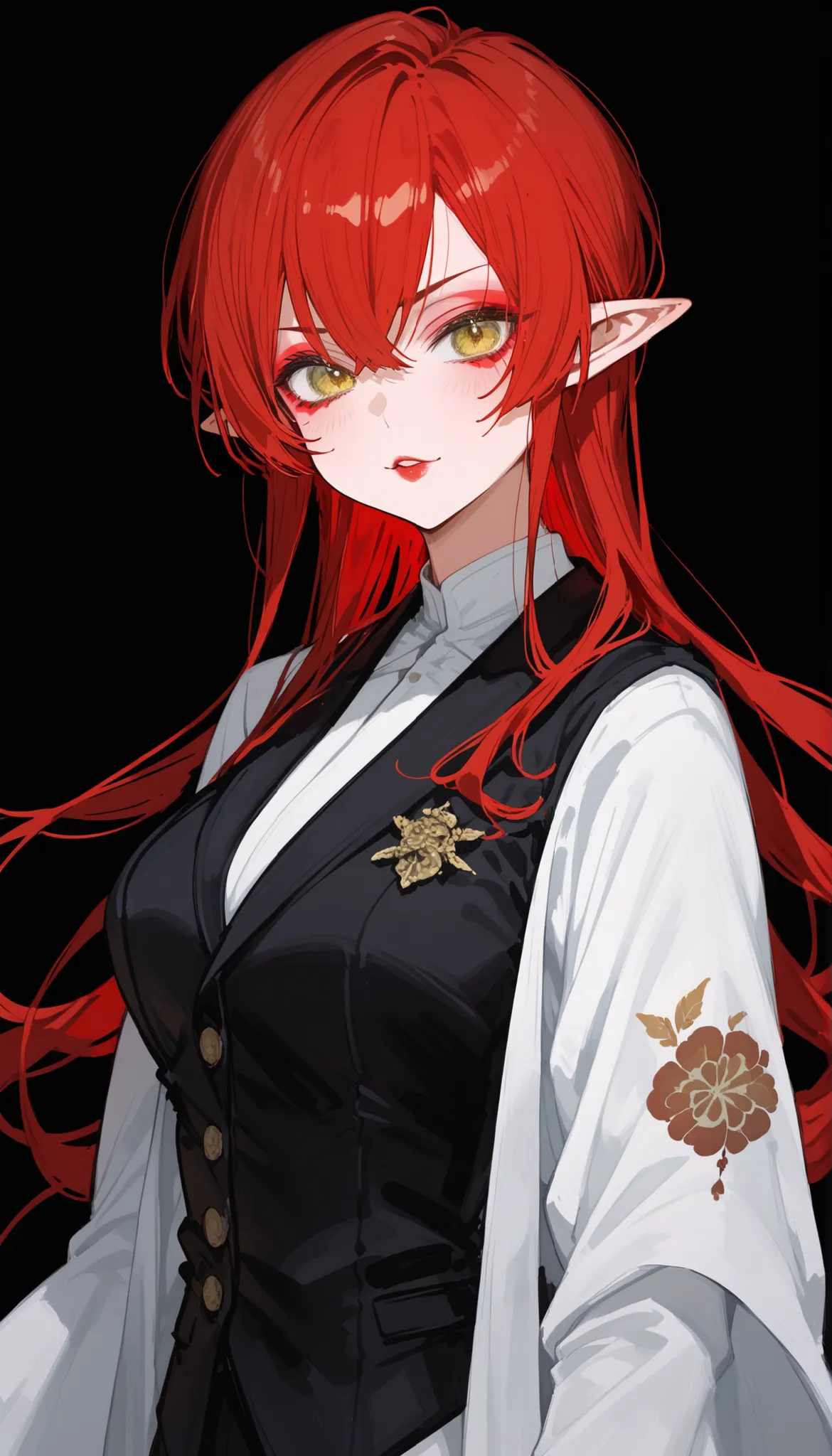 ,red hair,in yellow eyes,cute,Milf,,tomboy,Pointed ears,Fierce face,Long Sleeve Black Vest,standing up,black background, pattern,mafia,long hair,Black suit,slim,Shawl kimono,with black gloves, Kabuki costume,Long Sleeve,Kabuki Makeup,,white kimono,,T post,...