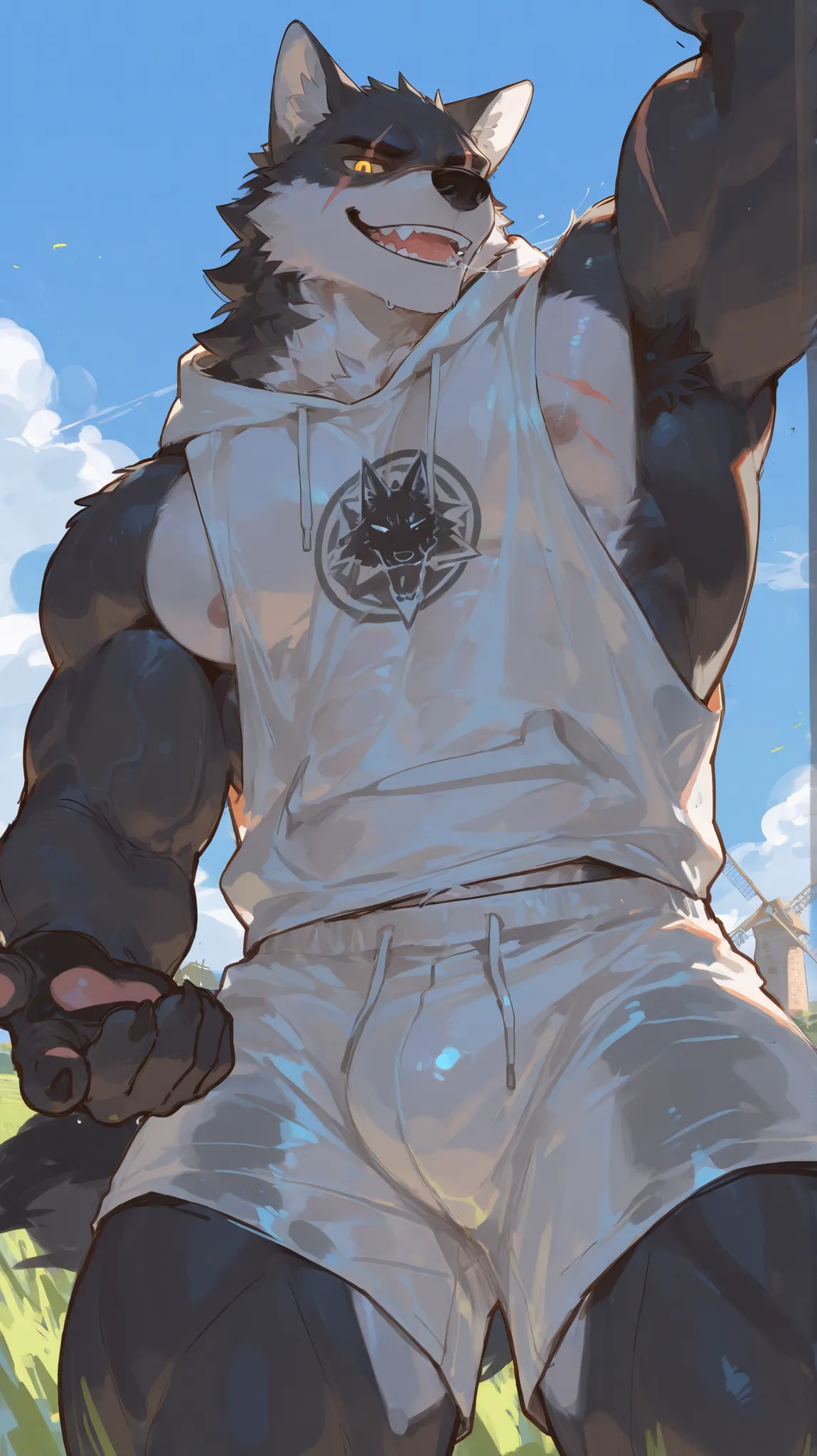 1 Uncle,(((middle-aged_male:1.5))),old_man:0.5,Gray Wolf,furry,behind it is a blue sky, white clouds and a windmill,Front View,Golden Eyes,gray fur,white body,White T-shirt,White trousers,Standing on a green meadow, from a bird's-eye view,The sky has swall...