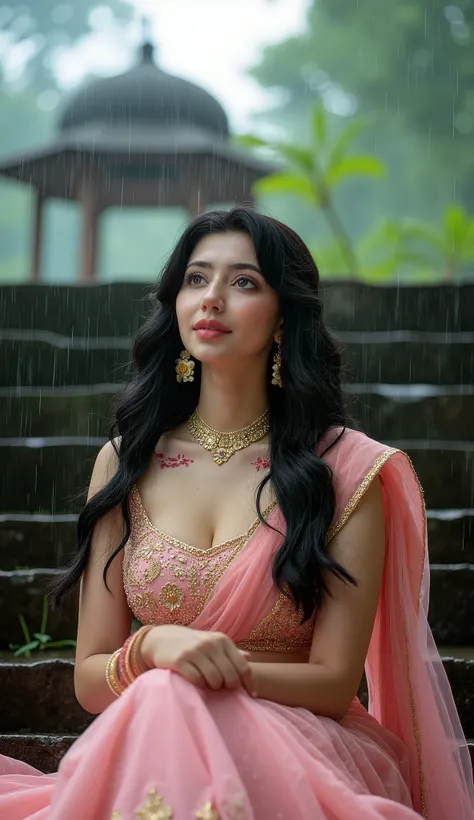 A graceful young Indian woman sits elegantly on weathered stone steps during a gentle monsoon drizzle. She wears a traditional pink lehenga richly adorned with intricate golden embroidery, glowing subtly in the soft, overcast light. Her damp, wavy black ha...