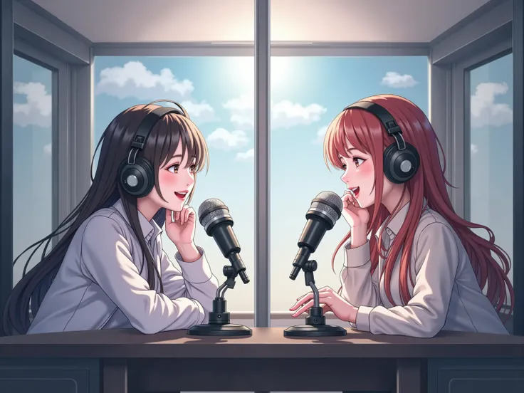 2 beautiful girls 、they face each other happily in the radio booth、There are 2 microphones between them、broadcasting the radio like a radio DJ、in a glass-walled radio booth