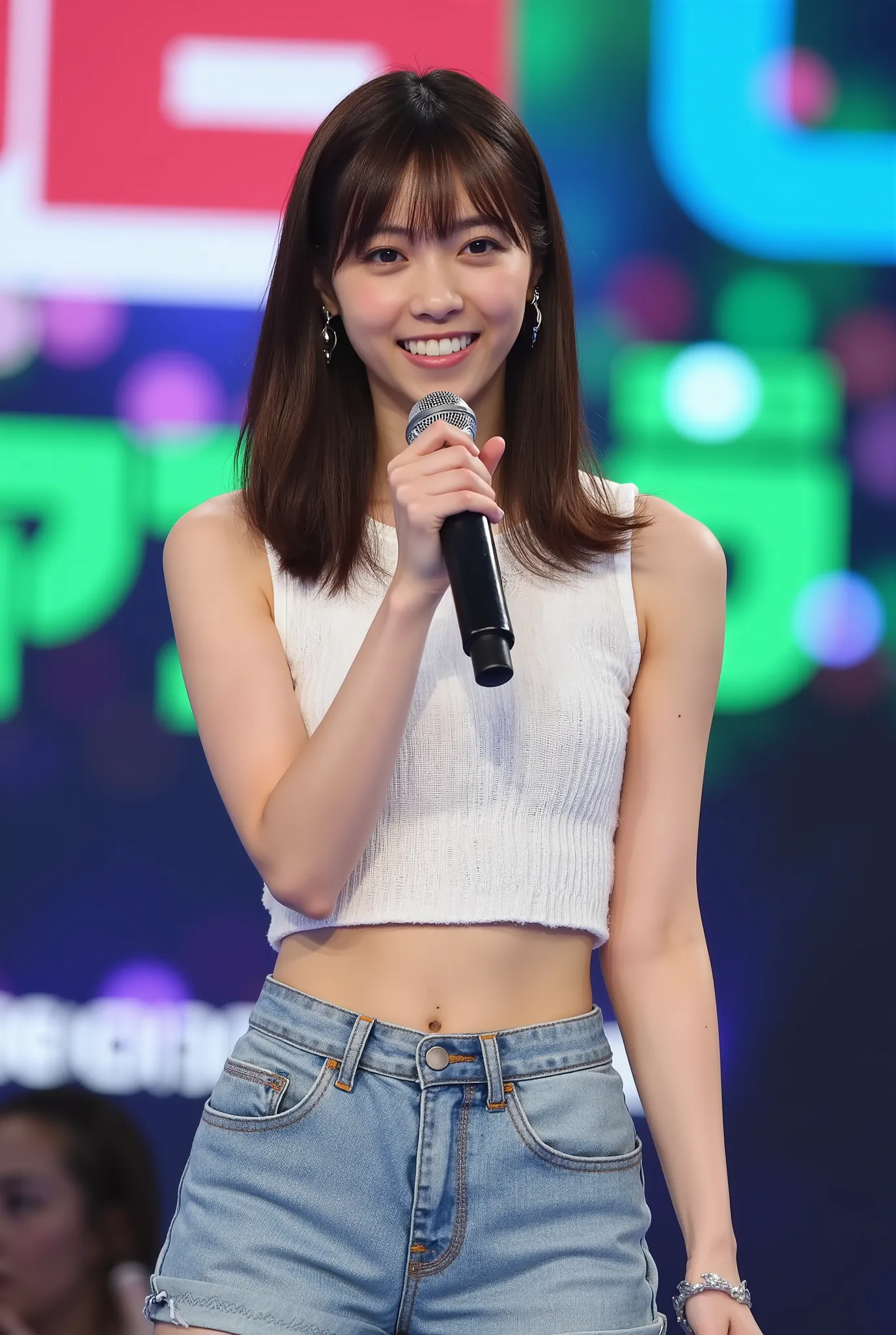 Create a portrait of a stunning Japanese female singer with a slender physique, small bust, and thin legs. She has medium-length hair and is dressed in fashionable attire reminiscent of Nogizaka46 idols, complete with headphones. The scene captures her dur...