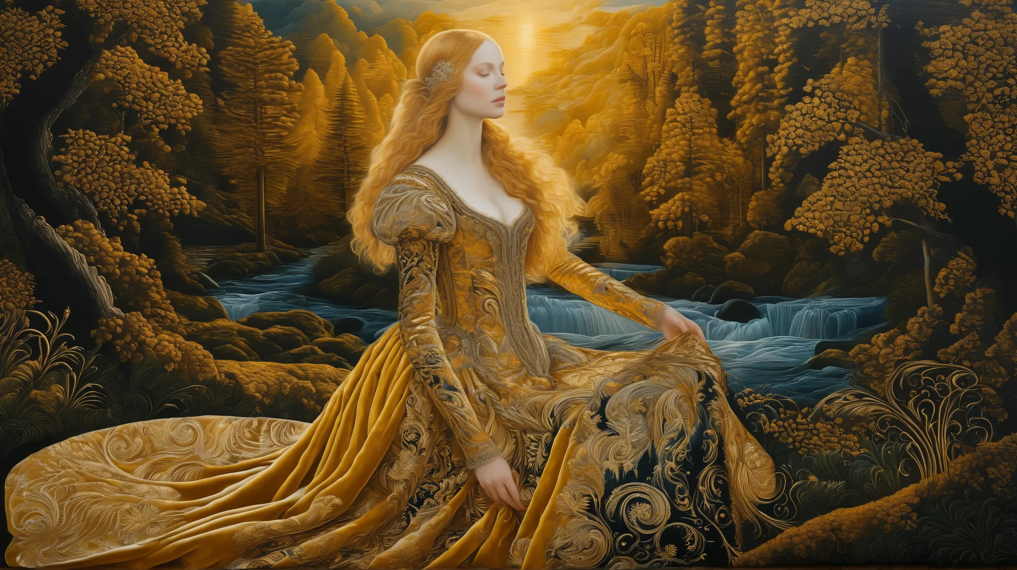 Golden hour forest landscape, velvet, embroidery, renaissance, lucas cranach oil on wood, oil on canvas, hyperdetailed, swirling flowing golden velvet dress and golden hair, whirlwind of golden sunlight and gold velvet    