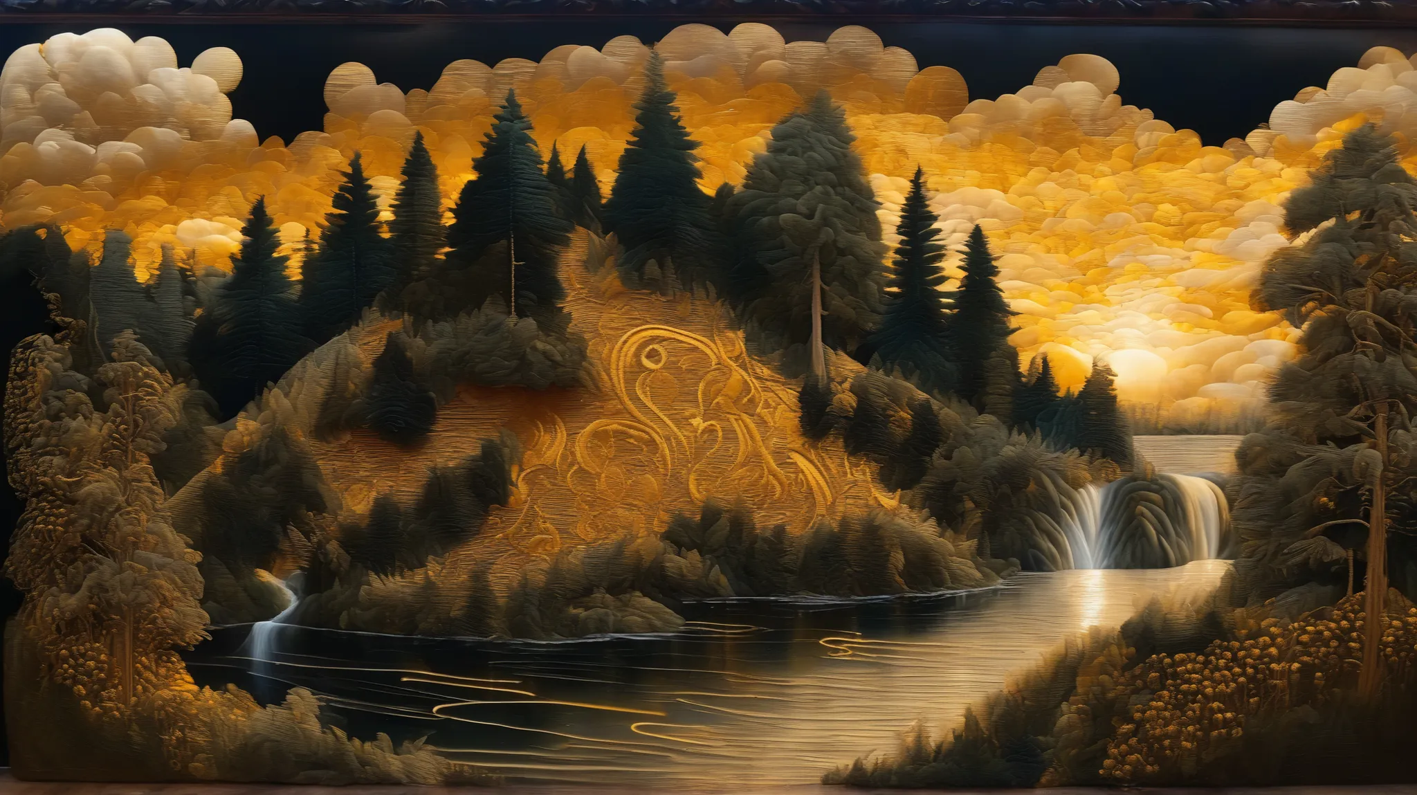 Golden hour forest landscape, velvet, embroidery, renaissance, lucas cranach oil on wood, oil on canvas, hyperdetailed, swirling flowing golden velvet dress and golden hair, whirlwind of golden sunlight and gold velvet
