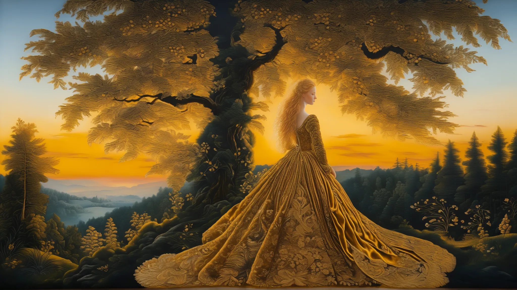 Golden hour forest landscape, velvet, embroidery, renaissance, lucas cranach oil on wood, oil on canvas, hyperdetailed, swirling flowing golden velvet dress and golden hair, whirlwind of golden sunlight and gold velvet    