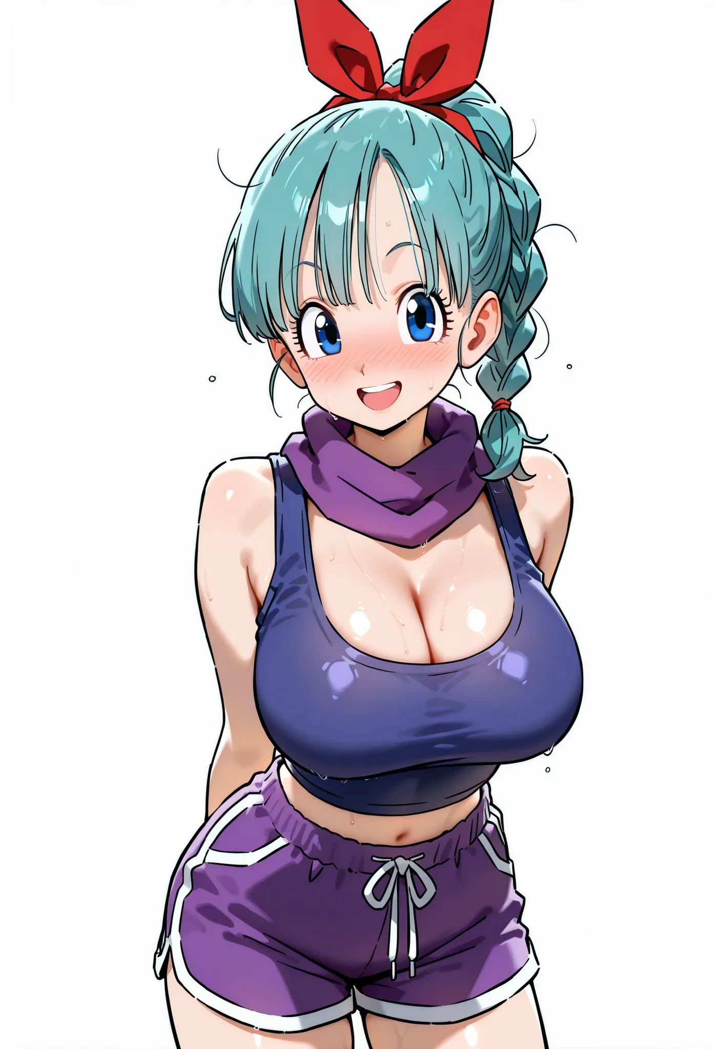 source_anime, score_9, score_8_up, score_7_up, anime screencap, BULMA, BULMA FROM DRAGON BALL, bulma \(dragonball\), 1girl, solo, smile, open mouth, blue eyes,, ribbon, aqua hair, braided ponytail, hair ribbon, braid, ,,,, single braid, bird,, purple scarf...