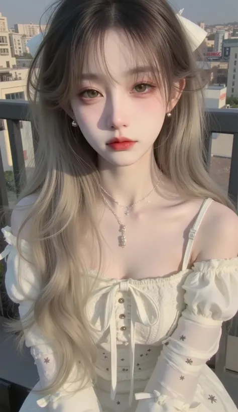 8K, UHD, masterpiece, 1 girl, godd face, sharp eyes, detailed eyelid, very long hair, silky hair, small beasts, (((star print dress)), ((mesh star clothing)), white clothing, lacing, dual cape, ((bare hip)), detailed torn clothing, in the balcony, spot lig...