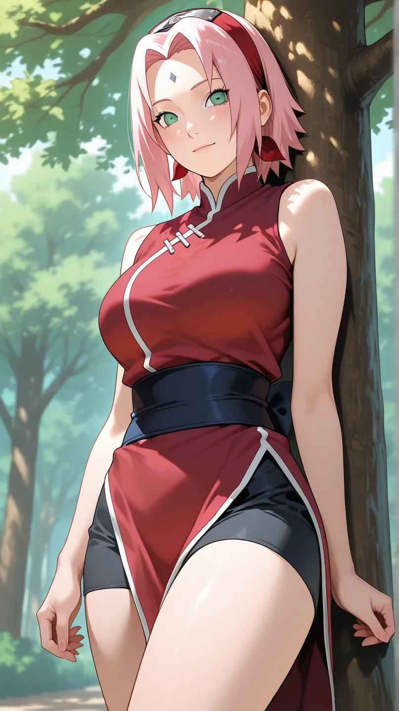 adult sakura haruno . do anime naruto , She is standing near a tree 