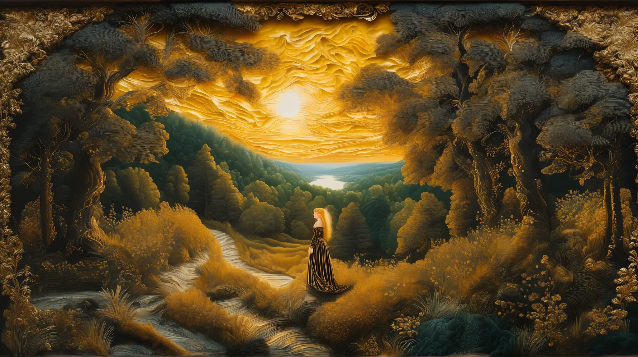 Golden hour forest landscape, velvet, embroidery, renaissance, lucas cranach oil on wood, oil on canvas, hyperdetailed, swirling flowing golden velvet dress and golden hair, whirlwind of golden sunlight and gold velvet    