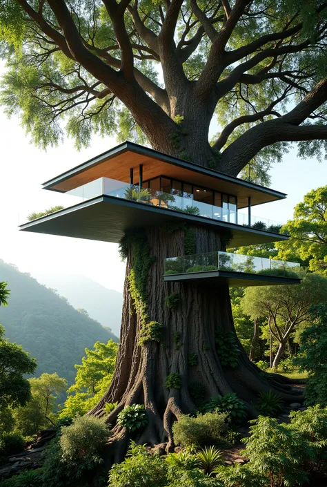 treehouse、A modern mansion standing on a giant tree、
