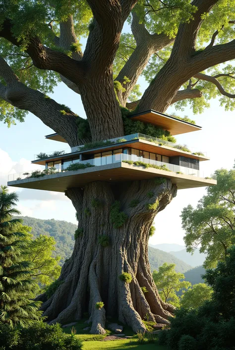 treehouse、A modern mansion standing on a giant tree、