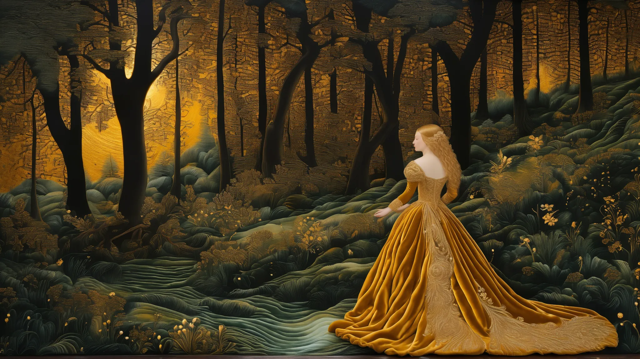 Golden hour forest landscape, velvet, embroidery, renaissance, lucas cranach oil on wood, oil on canvas, hyperdetailed, swirling flowing golden velvet dress and golden hair, whirlwind of golden sunlight and gold velvet    