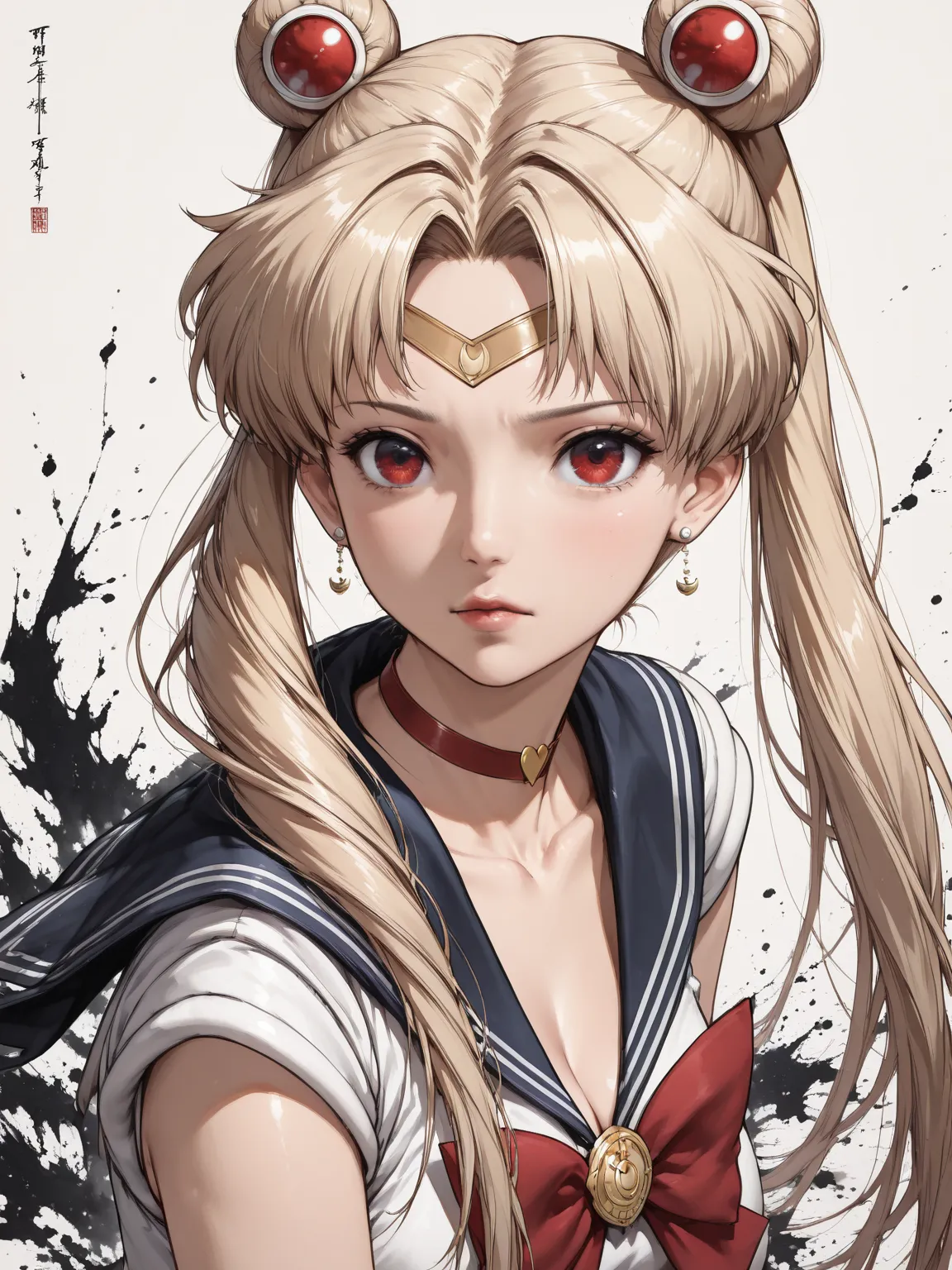 cinematic, (masterpiece), (best quality), (ultra-detailed), very aesthetic, illustration, realistic illustration, perfect composition, intricate details, absurdres, detailed face, (anime, masterpiece, intricate:1.3), (best quality, hires textures, high detail:1.2), (4k),(incredibly detailed:1.4),detailed eyes, realistic shadow,  ink painting style,in a dynamic motion,(the Thema is Bad bunny :1.3),((Sailor Moon)),darkred aura,red eyes