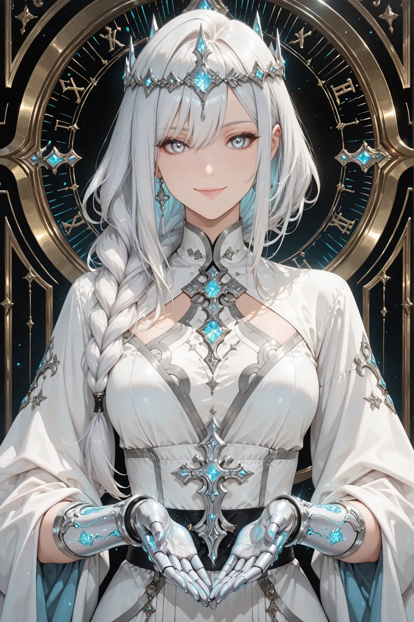 ((masterpiece, best quality, anime style, ultra-detailed)), 1girl, solo, divine administrator, 9, elegant and graceful build, long silver-white hair with soft shine, braided crown and side strands tied with silver Luxorite clasps, sharp silver eyes:1.4, ca...