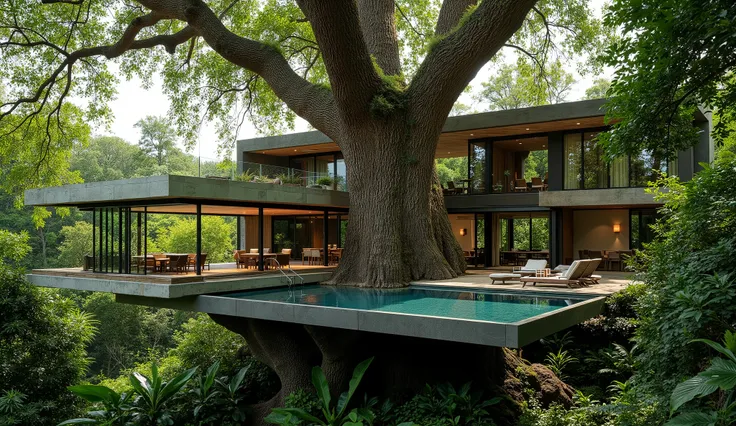 treehouse、A modern mansion standing on a giant tree、There is a luxurious pool、