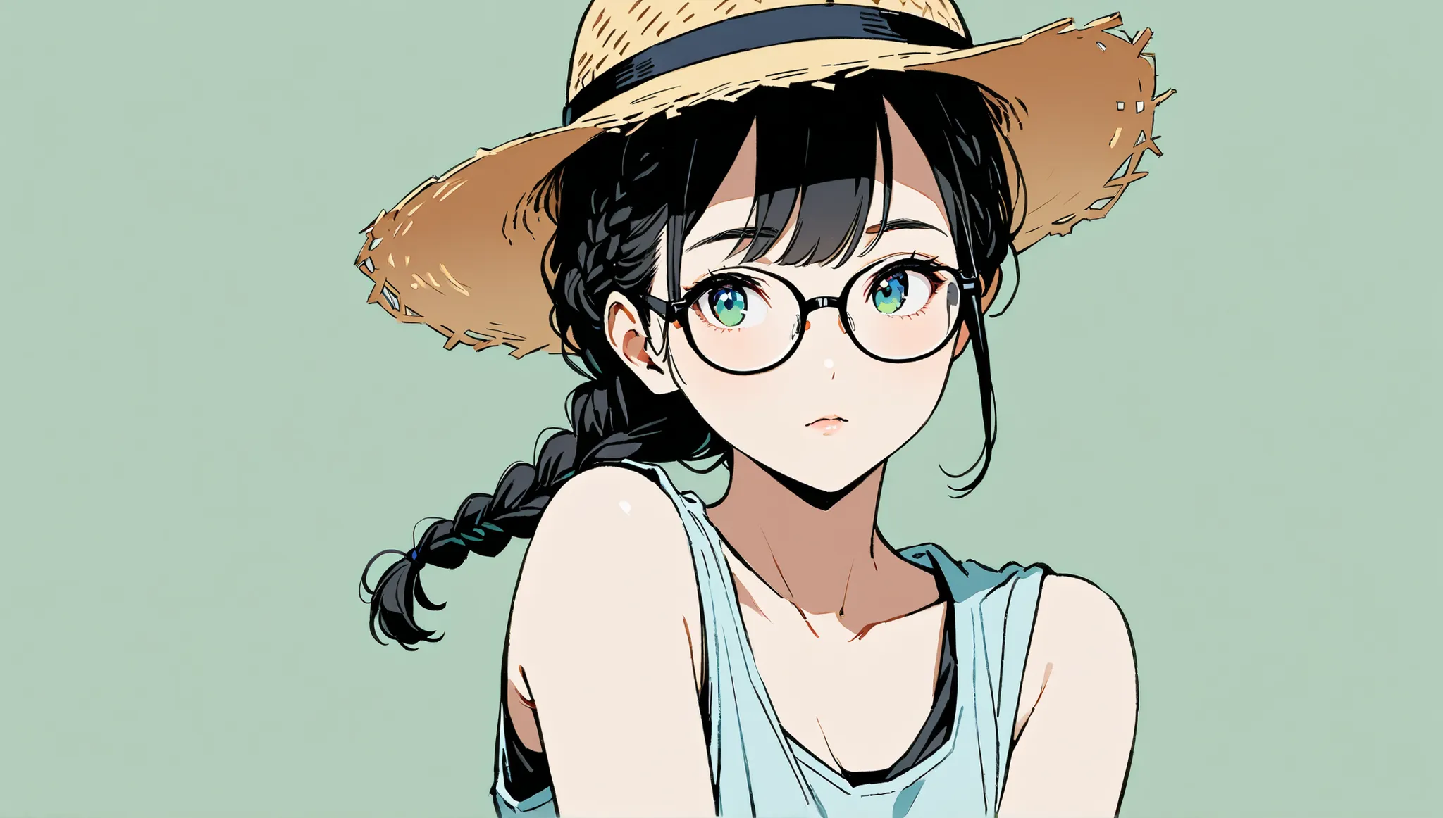 (vivid blue-green solid background))、((alone)),((Straw Hat)),、((upper body)),((),((Front view)),fuzzy expression,((black hair long braid hairstyle)),(((Black-rimmed glasses))),masterpiece, Highest quality, Beautiful attention to detail, Very detailed, In d...