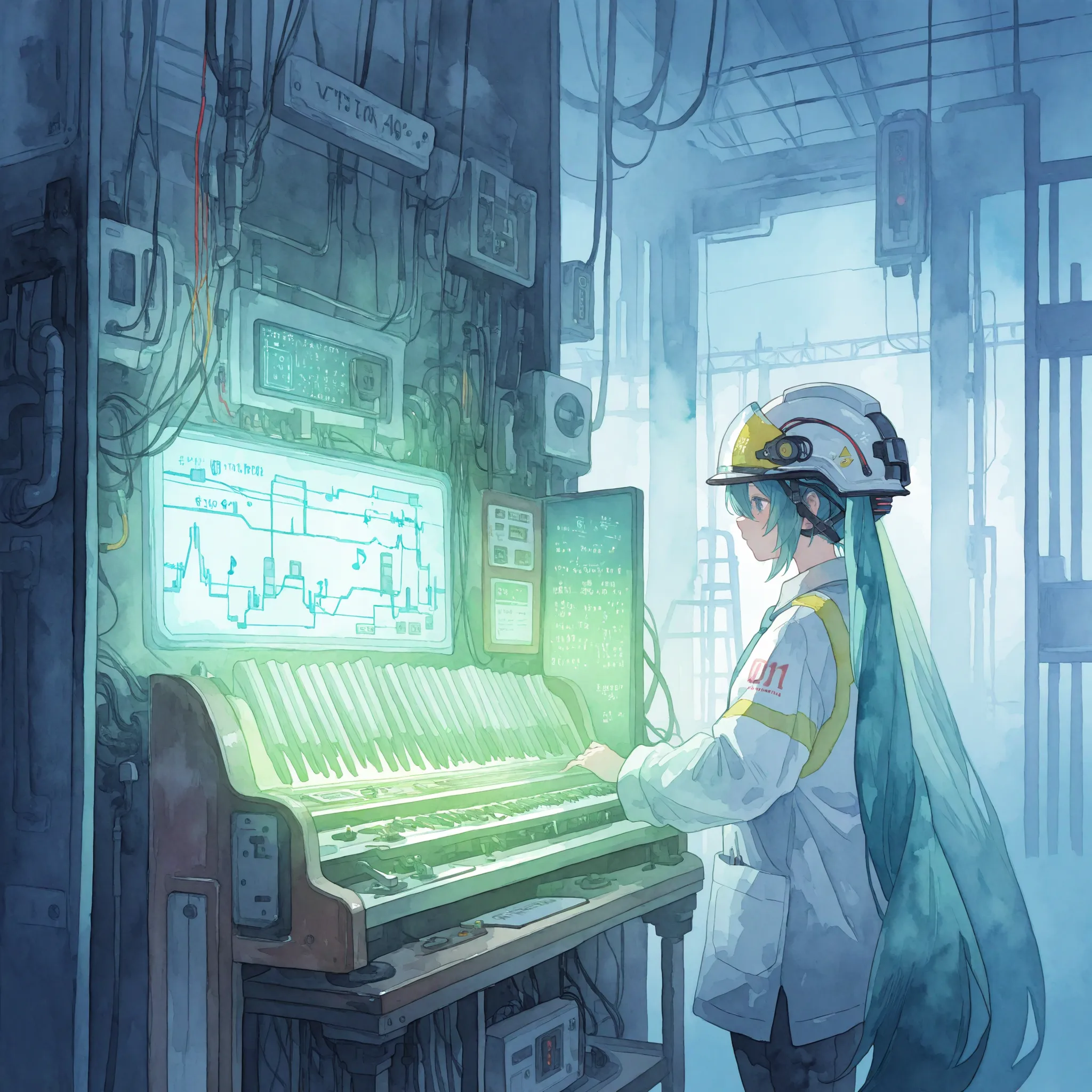 watercolor, Picture book style, cyberpunk, The Town Where Musical Notes Float, Music Town ,1 girl, Pipe organ maintenance,  Hatsune Miku, Machine, Electric Shock Station, electrician, helmet, electrical appliances, high voltage wires, Circuit breaker, elec...