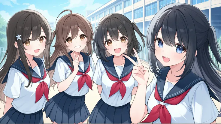 girls、4people、wearing a school uniform、In front of the school gate、The schoolyard and school building in the back、seem to be on good terms、Smiling