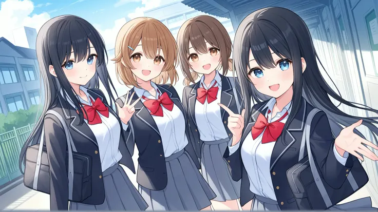 girls、4people、wearing a school uniform、In front of the school gate、The schoolyard and school building in the back、seem to be on good terms、Smiling
