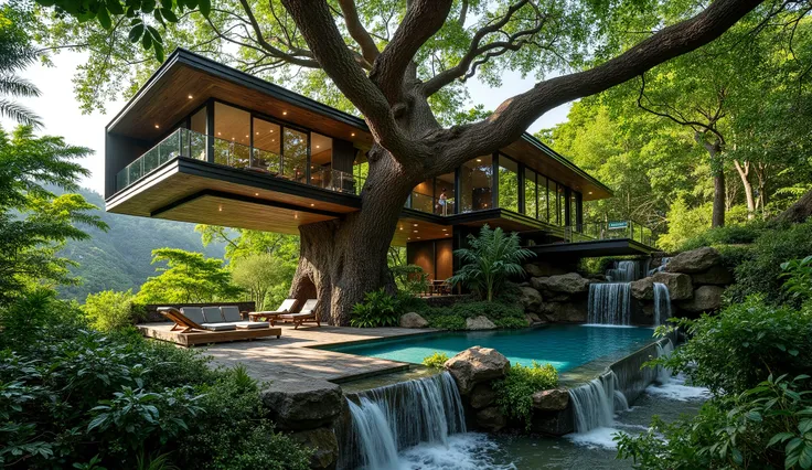 treehouse、A modern mansion standing on a giant tree、There is a luxurious pool、A waterfall cascades down from natural bedrock、